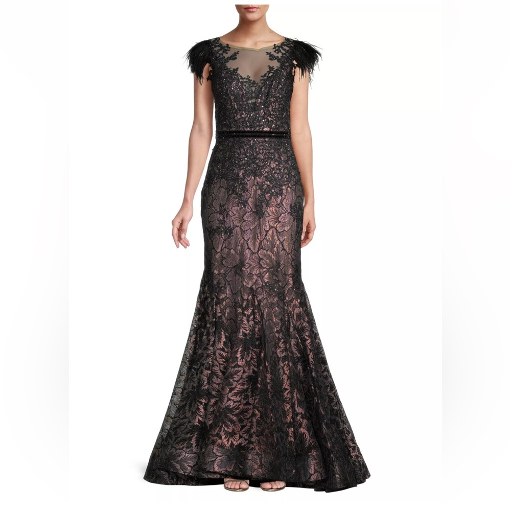 Mac Duggal Velvet Floral Applique Mermaid Gown
